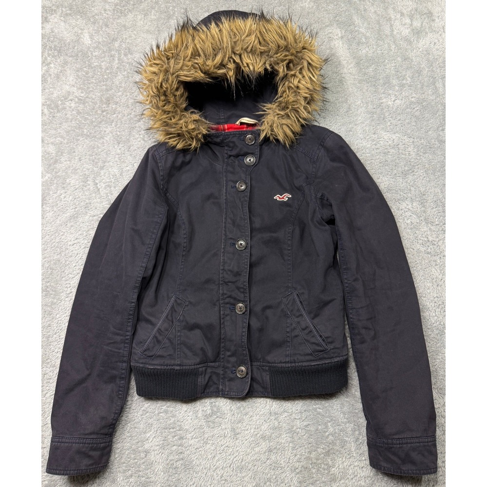 Vintage Y2K Hollister Bomber Jacket L Blue Plaid Interior Lining Faux Fur Hood